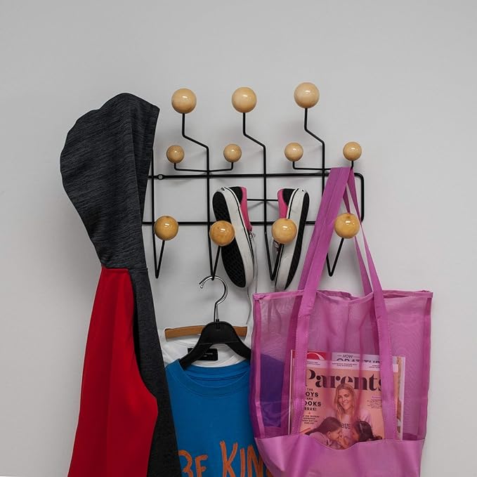 Mod Made Mid Century Modern Bubble Wall Mounted Coat Rack, Wood Color Ball Black Frame