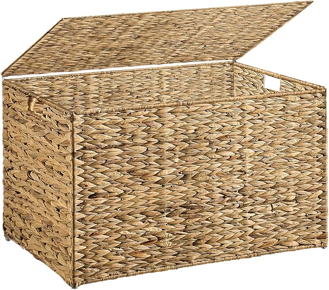 Water Hyacinth Storage Basket with Lid, 27.7 Gallon (105L) Blanket Storage Basket with Handles, Woven Storage Bin, Foldable, Metal Frame, for Bedroom, Laundry Room, Natural
