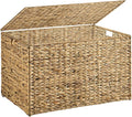 Water Hyacinth Storage Basket with Lid, 27.7 Gallon (105L) Blanket Storage Basket with Handles, Woven Storage Bin, Foldable, Metal Frame, for Bedroom, Laundry Room, Natural