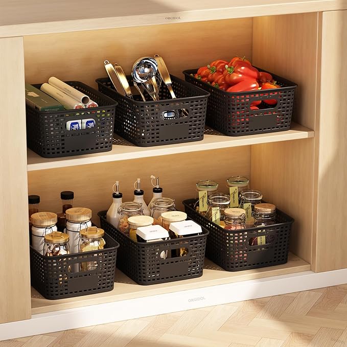 Plastic Storage Basket with Lids 10 Pack Stackable Black Storage Bins Containers with Lid, Decorative Storage Boxes for Organizing Shelves, Drawers, Playroom, Classroom, Office, Closet