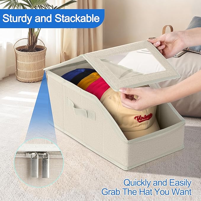 Dofilachy 2 Pack Stackable Hat Storage for Baseball Caps, Holds 28 Caps - Closet Organizer Box with Clear Window & Cardboard，Sturdy Snapback Hat Boxes for Home Storage (Beige, 2 Pcs)