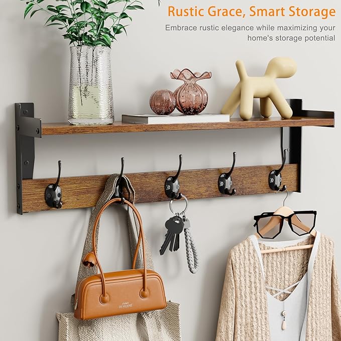 Coat Rack with Wall Mount, 23 Inch Long Entryway Wall Shelf with Hooks, Wood Hanger with Storage Shelf for Bathroom, Hallway, Rustic Brown