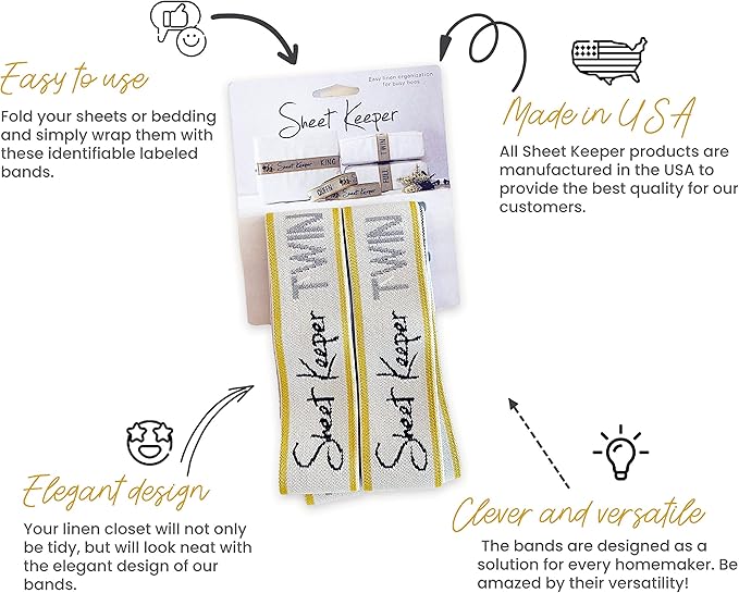 Sheet Keeper King Size Bed Sheet Organizer Bands (2-Pack) – Made in USA Closet Straps with Labels for Linen & Bedding Storage