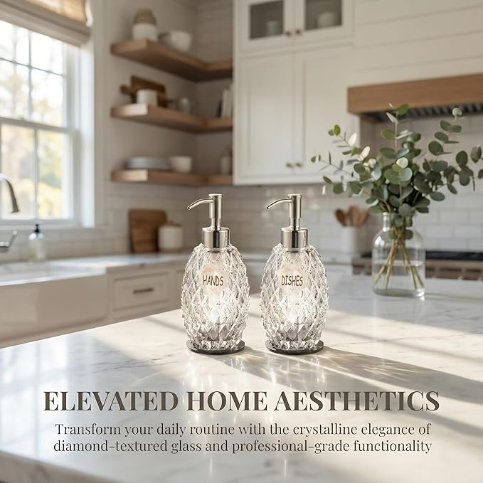 MALACHI Soap Dispenser Set, Crystal-Textured Diamond Glass with Rustproof Stainless Steel Pump, Dual-Labelled Hand & Dish Soap Dispenser for Kitchen & Bathroom