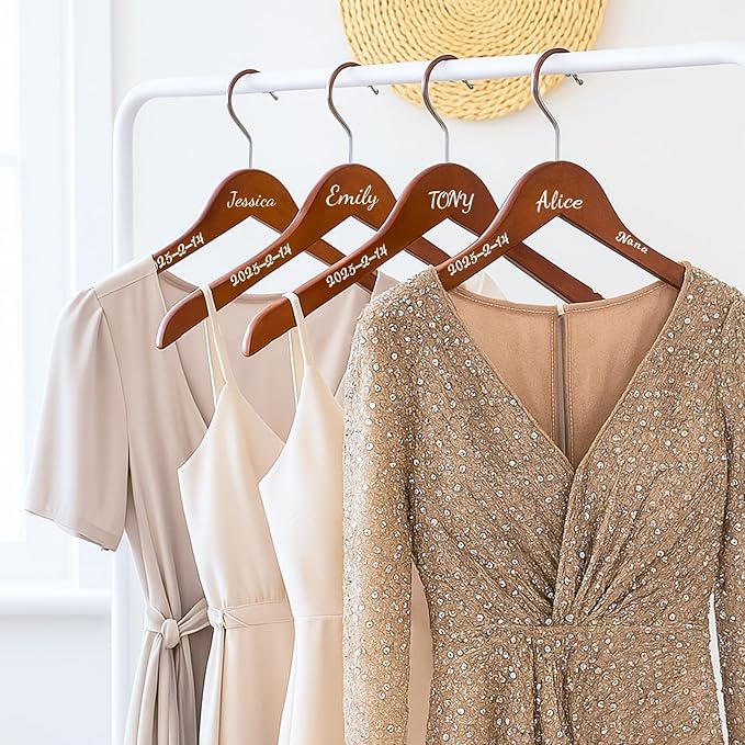 Personalized Bride Hanger for Wedding Dress, Wooden Bridesmaid Hangers 10 Pack and 15 Pcs Letter Stickers for Tuxedo Suit Wedding Gift Bridal Party Shower DIY Special Names Dates(Retro)
