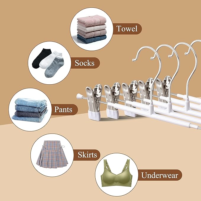 30PACK Pants Hangers with Clips Adjustable Skirt Hangers for Women White Metal Non-Slip Trousers Hanger Heavy Duty Space Saving Clothes Hanger for Shorts,Jeans,12Inch