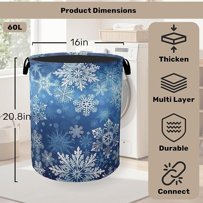 Winter Snowflakes Large Clothes Hamper Bag - Laundry Basket with Handles, Space Saving Foldable Design for Nursery