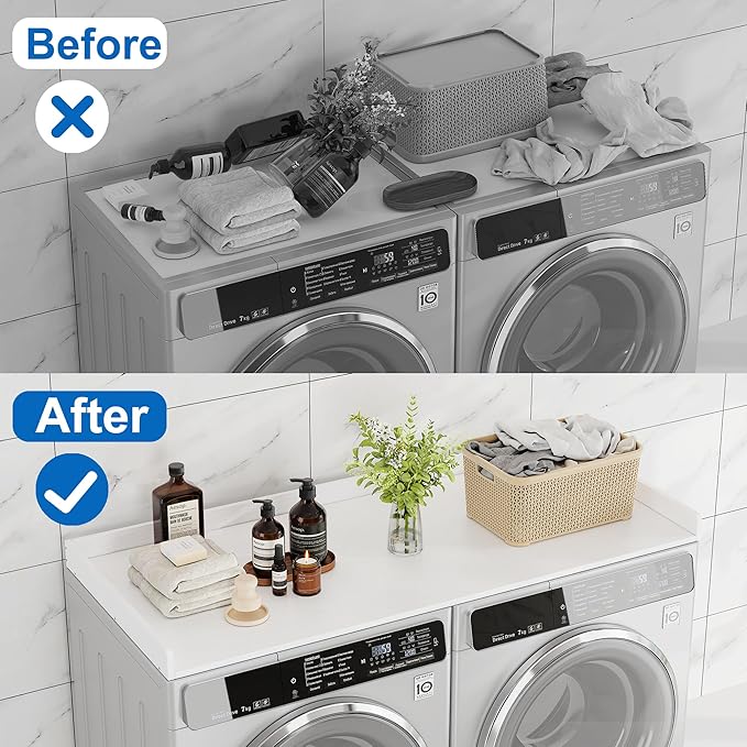efluky Washer Dryer Countertop, Wood Countertop with Edge Rails for Laundry Room Organization and Storage, Washer Dryer Topper for Laundry Room, 27.5" x 54" White