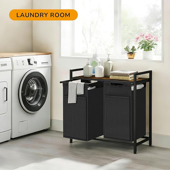 Laundry Hamper, Laundry Basket with 2 Pull-Out Removable Oxford Fabric Bags, 2 x 13.1 Gallons, Total 99L, Cloth Laundry Sorter with a Top Shelf 28.8"x13" (Black and Rust)