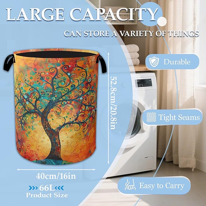 Abstract Life Tree Laundry Basket Collapsible Laundry Hamper with Handle, Portable Clothes Toy Storage Bin for Bathroom Bedroom Room Decor 16" X 20.8"