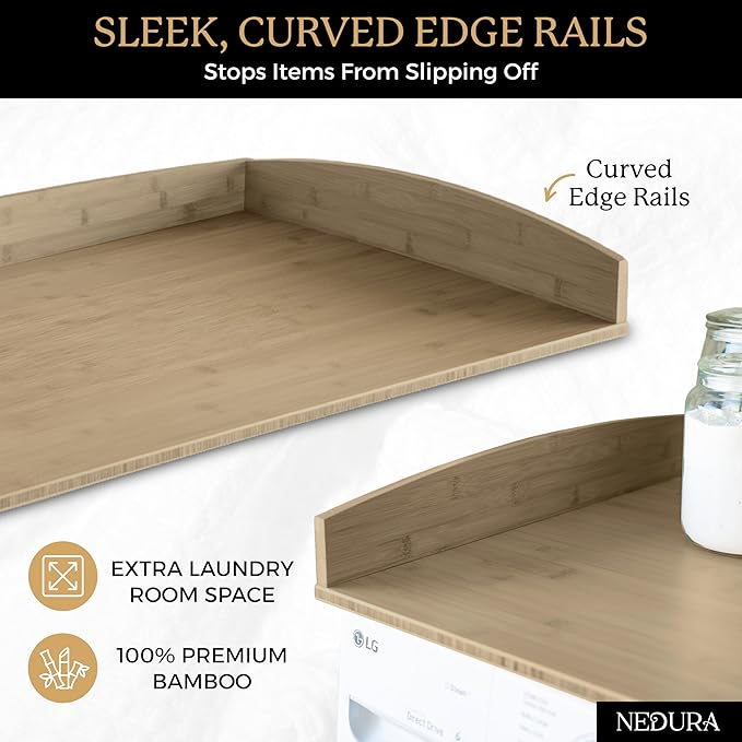Nedura Washer Dryer Countertop w/Anti-Vibration Pads & Curved Edge Rails, Premium Bamboo Laundry Countertop, Washer Dryer Topper, Laundry Room Organization, Laundry Room Accessory - Driftwood