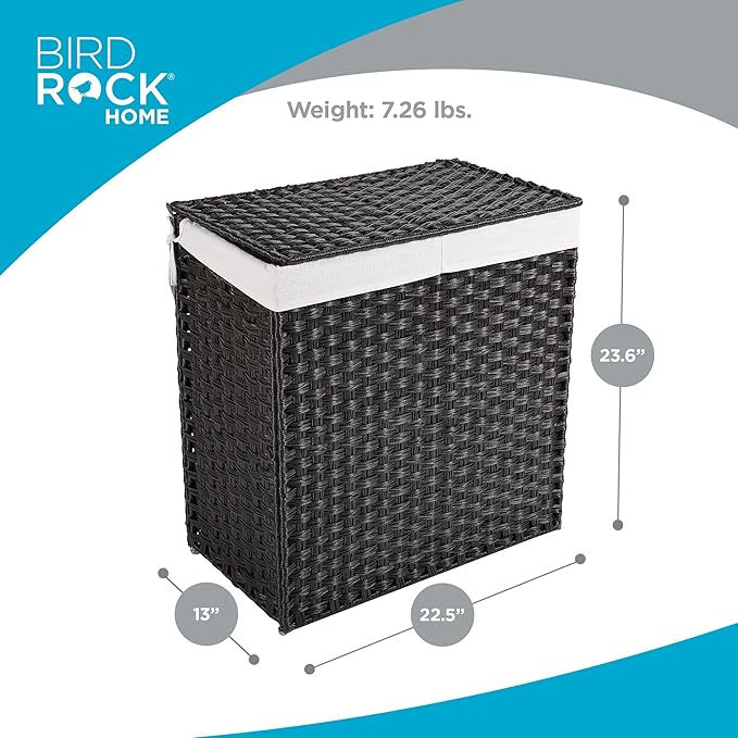 BIRDROCK HOME Divided Laundry Hamper with Lid - Brown - Double Sorter with Liner Bags - Large Collapsible Hampers - Foldable Bin - Synthetic PE Rattan - Hand Woven - Clothes Basket