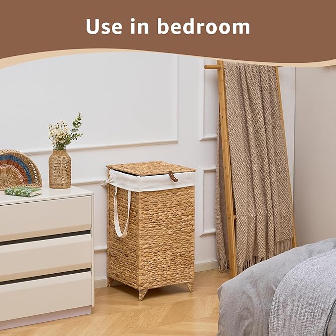 Handwoven Laundry Hamper with Lid, Natural Hyacinth Heightened Feet Laundry Basket, Wicker Clothes Hamper with Removable Liner Bag (Natural-A, 65L)