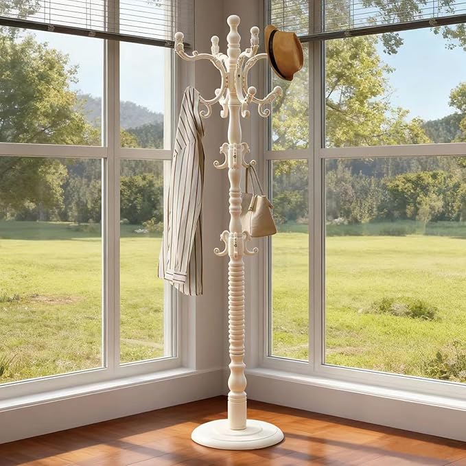 73" Wooden Freestanding Coat Rack，Easy to Adjust, Easy to Assemble for Children, Youth,Coat Rack Stand With Adults，18 Hooks and Round Solid Wood Base for Entrance Hallway Office (Retro White, 1 PCS)