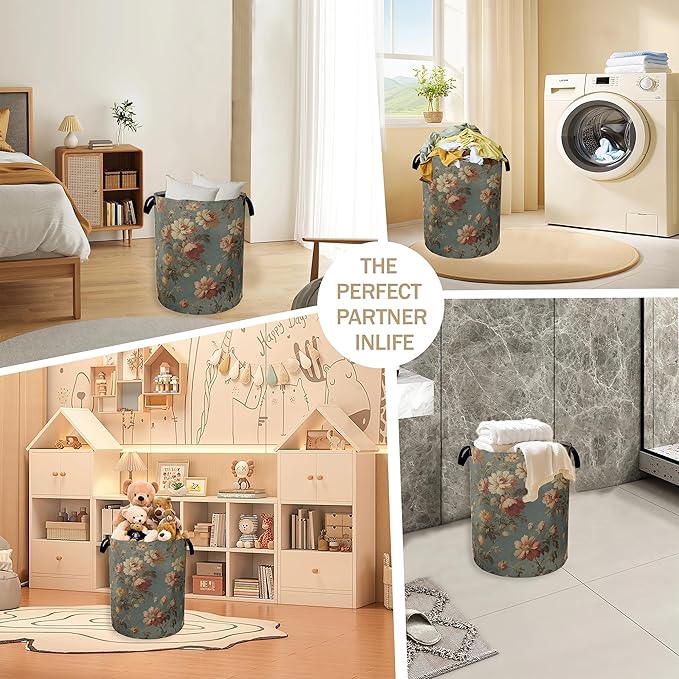 Vintage Rose Flower Laundry Hamper,Retro Floral Clothes Hamper for Laundry,Waterproof Oxford Toy Storage Collapsible Hampers for Bedroom, Dorm Room,Bathroom,16x20 Inch
