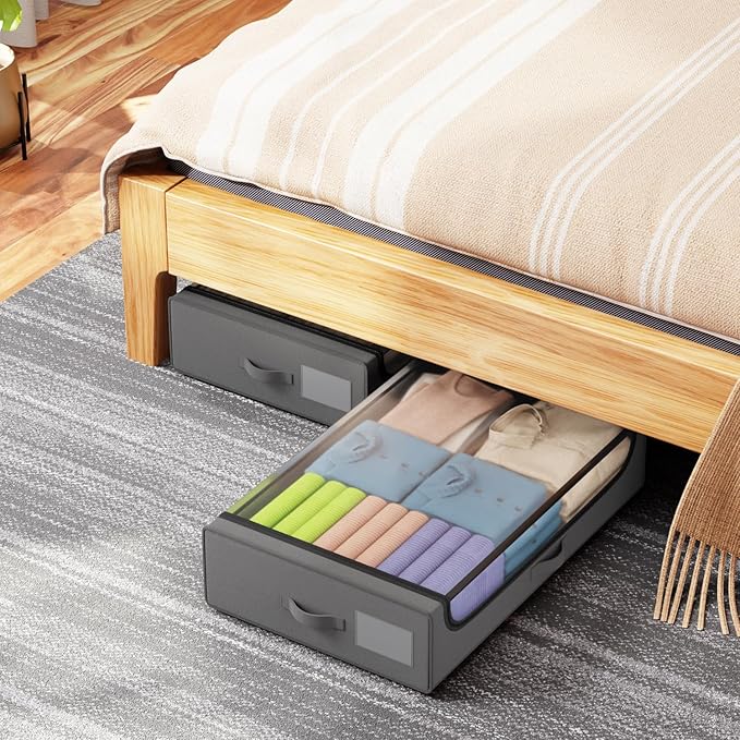 PayLessHere 2 Pack Under Bed Storage with Wheels 53L Under Bed Storage Containers with Clear Lids Clothes Organizer Underbed Rolling Underbed Storage for Clothes, Shoes, Blankets,Grey