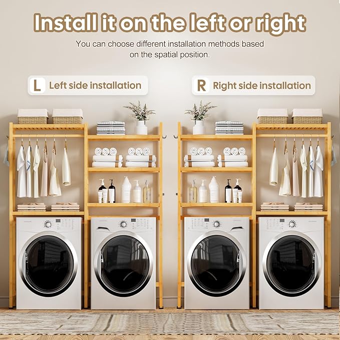 Over The Washer and Dryer Storage Shelf Bamboo,5 Tiers Laundry Room Drying Rack with Adjustable Shelves and 4 Hooks,Space Saver Organizer for Hanging Clothes and Towels (Natural)
