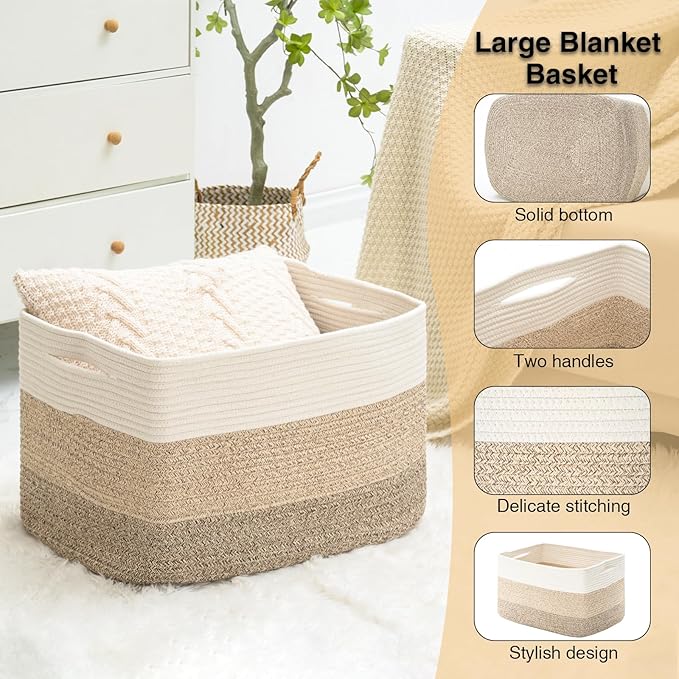 Large Blanket Basket Living Room, Storage Basket, Large Woven Baskets for Storage, Cotton Rope Baskets for Toys, 22”x17”x12”, Gradient Yellow, 75L