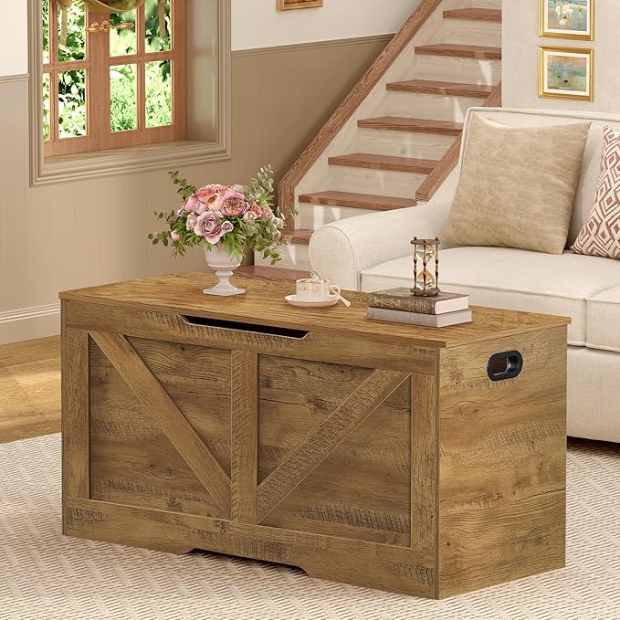 usikey Toy Box, Storage Chest with Safety Hinges, Lift Top Wooden Toy Chest, Storage Bench, for Living Room, Bedroom, Entryway, Honey Brown