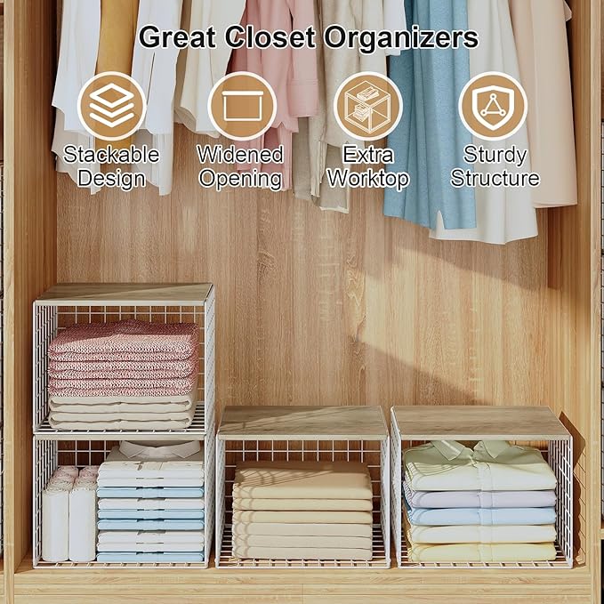 Closet Organizers And Storage Shelf, 3Pack Stackable Closet Storage Bin Basket For Clothes Sweaters With Top Board, Widened Opening, Heightened Height, Large Capacity Sturdy Clothing Storage Organizer