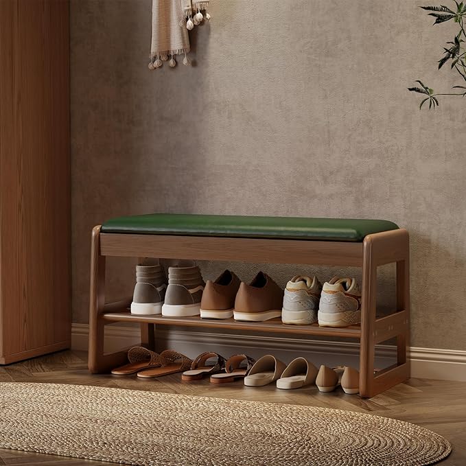 AQIMUELE Shoe Rack Bench,2 Tiers Shoe Bench with Storage with Flip-Top,Wood Shoe Rack for Entryway,Hallway（Green Upholstered Seat）