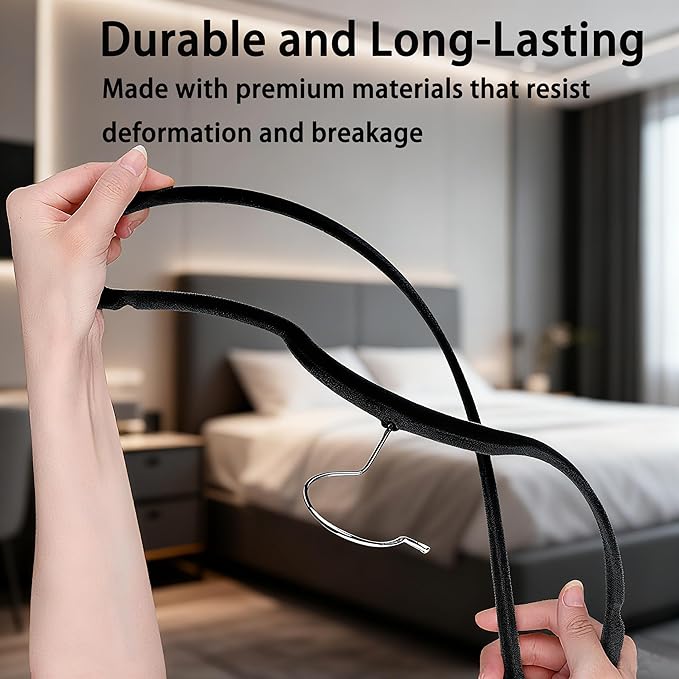 Velvet Hangers 50 Pack, Non Slip Clothes Hanger Felt Hanger with Pants Bar, Premium Quality Slim Space Saving Suit Hangers for Closet Organizer, Heavy Duty Coat Hanger, 360° Rotating Hook(Black)
