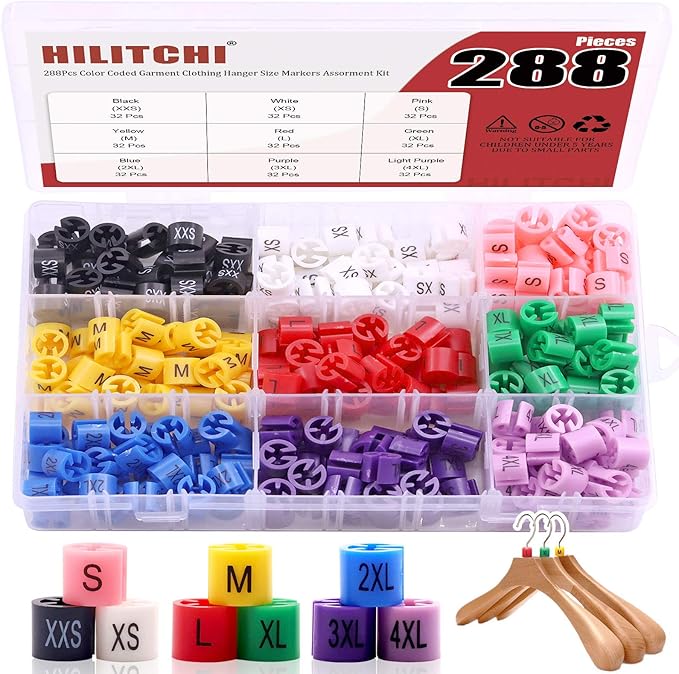Hilitchi 288-Pcs Clothes Hanger Size Color-Coding Garment Size Markers Kit - 9 Size (XXS - 4XL) - with Storage Box
