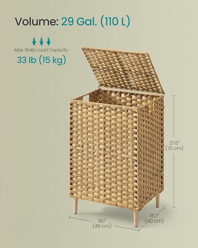 SONGMICS Laundry Hamper with Lid, 29 Gal. (110 L) PE Rattan Laundry Basket with Lid and Handles, Natural Material,Removable Machine Washable Liner, Goose Yellow ULCB222YE01