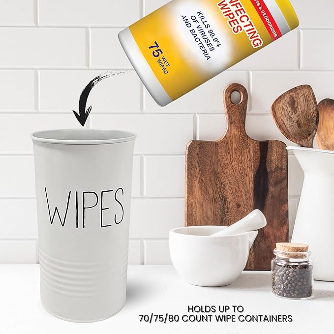 Wipe Holder for Kitchen/Bathroom Counter, Farmhouse Kitchen Decor, Vintage Countertop Wipe Storage Organizer Caddy, Steel with Matte White Finish