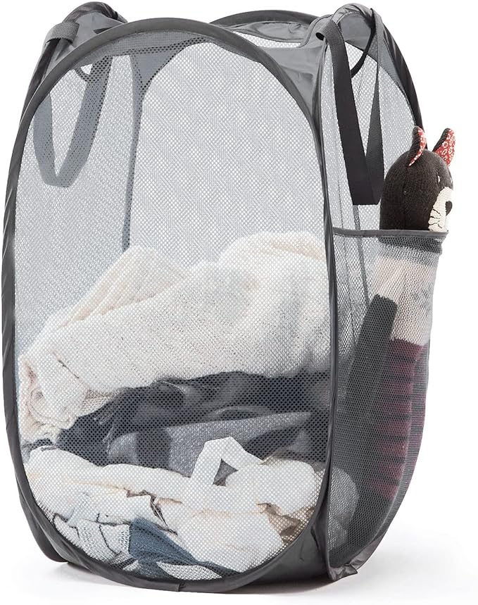 TECHMILLY Collapsible Mesh Pop Up Laundry Hamper with Sturdy Handles and Side Pocket - Portable Foldable Clothes Baskets for Dorm, Bathroom & Travel Storage (Grey)