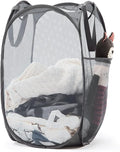 TECHMILLY Collapsible Mesh Pop Up Laundry Hamper with Sturdy Handles and Side Pocket - Portable Foldable Clothes Baskets for Dorm, Bathroom & Travel Storage (Grey)