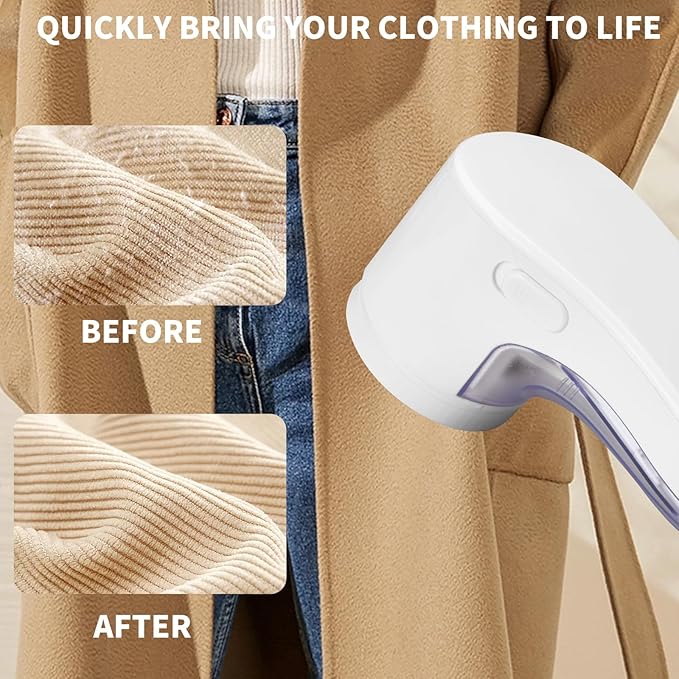 Rechargeable Fabric Shaver, Lint Remover for Clothes & Furniture, 3-Leaf Blades, Safety Lock, Pilling Remover Depiller for Fuzz, Lint, Pills, Bobbles (White)