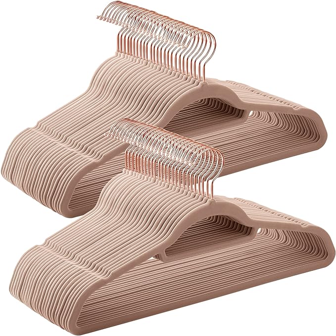 SONGMICS Velvet Hangers, Set of 50 Clothes Hanger with Rose Gold Swivel Hook, Non-Slip, and Space-Saving, 0.2-Inch Thick, 17.1-Inch Long for Coat, Shirt, Dress, Pants, Tie, Caramel Brown UCRF021LB50