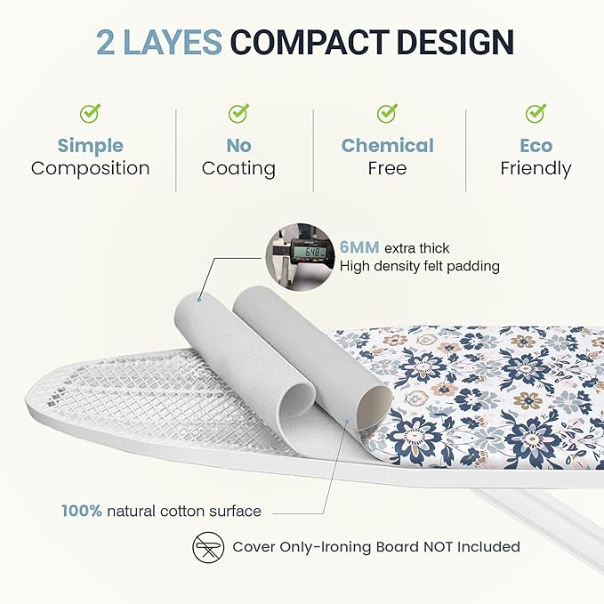 Ironing Board Cover and Pad 15"x54" Extra Thick Natural Cotton, Scorch and Stain Resistant Padding, Standard Size Iron Board Cover with Fasteners Heavy Duty Elastic Edge, Heatproof Floral