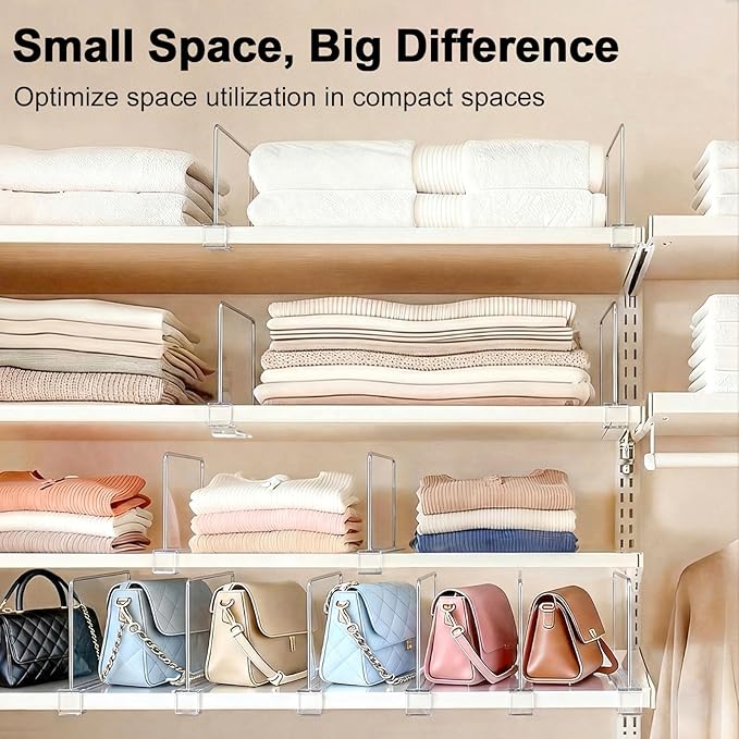 Shelf Dividers Purse Organizer for Closet: 6-inch Tall(Shorter Version) Acrylic Handbag Organizer - Small Space Separator for Clutches Evening Bags Pouches Mini-Bags on Wood Shelves 4-Pack