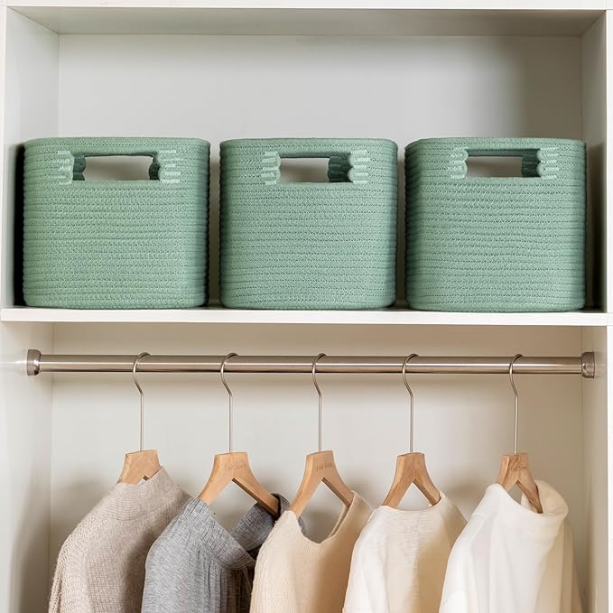 UBBCARE 4 Pack Storage Baskets for Organizing, Shelf Baskets with Handles, Woven Storage Baskets for Bookcase/Cube Shelf/Closet, 14.5"L x 9.8"W x 9"H, Green