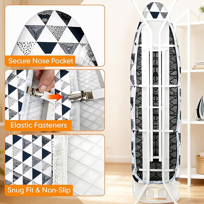 Ironing Board Cover and Pad, 18x49 Extra Wide Thick Iron Padding, Scorch & Stain Resistant Ironing Board Cover, Heavy Duty Iron Board Padded with Adjustable Fasteners, Geometric Triangles