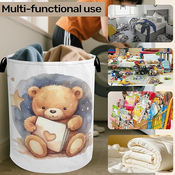 Cute Bear Good Night Foldable Canvas Laundry Basket with Handles - Toy Organizer, Heavy Duty for Home，Bedroom, Dorm, Bathroom
