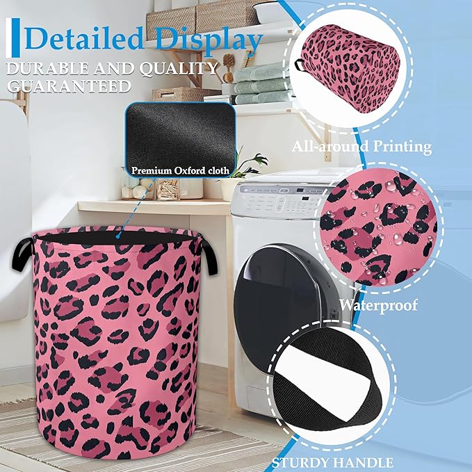 Pink Leopard Laundry Basket Collapsible Laundry Hamper Clothes Toy Storage Bin for Bathroom Bedroom Room Decor 16" X 20.8"