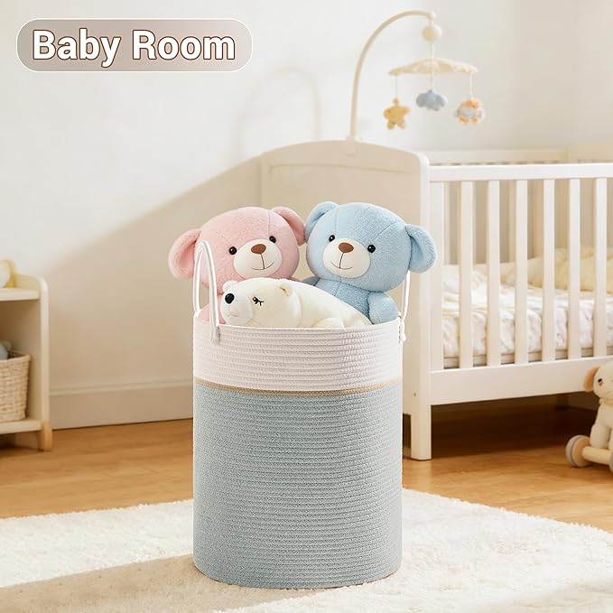 Tall Laundry Basket with Handles, 58L Portable Dirty Clothes Hamper, Boho Cotton Rope Storage Bin for Blankets Kids Toys Gifts, Decorative Organizer for Nursery Bedroom Bathroom, Sage Green