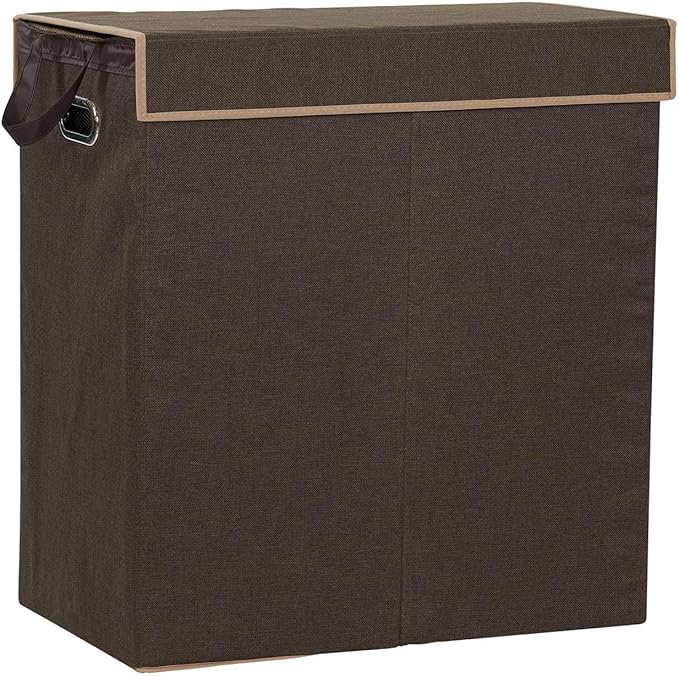 Household Essentials Double Laundry Hamper with Lid, Two Compartments for Easy Sorting with Removable Liner, Collapsible, Brown Linen 5614