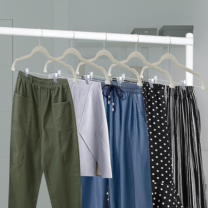 Lifemaster Velvet Skirt Hangers – with Adjustable Clips, 360 Degree Swivel Hook, and Non-Slip Shoulder Notch, Holds Up to 10 lbs, for Organizing Skirt, Pants, Dress, and Clothes, Pack of 10, Ivory