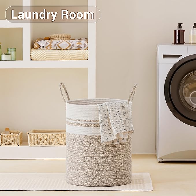 Tall Laundry Basket with Handles, 88L Portable Dirty Clothes Hamper, Boho Cotton Rope Storage Bin for Blankets Kids Toys Gifts, Large Organizer for Baby Nursery Bedroom Bathroom, New Brown