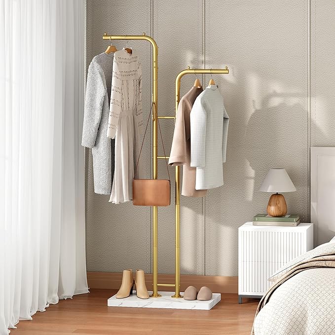 Gold Coat Hanger Stand, Floor Standing Coat Rack, Entryway Coat Tree with 8 Hooks and Marble-Look Base, Modern Double-Pole Metal Clothes Rack for Entrance, Living Room, Bedroom, YM02DWY1