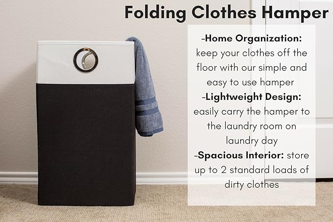 BirdRock Home Folding Cloth Laundry Hamper with Handles | Dirty Clothes Sorter | Easy Storage | Collapsible | Black and White