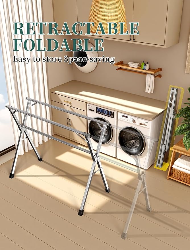 95 Inches Heavy - Duty Stainless Steel Folding Clothes Drying Rack Clothing Indoor Outdoor Anti-Rust 20 Windproof Hooks Portable & Foldable Laundry Rack (95'')