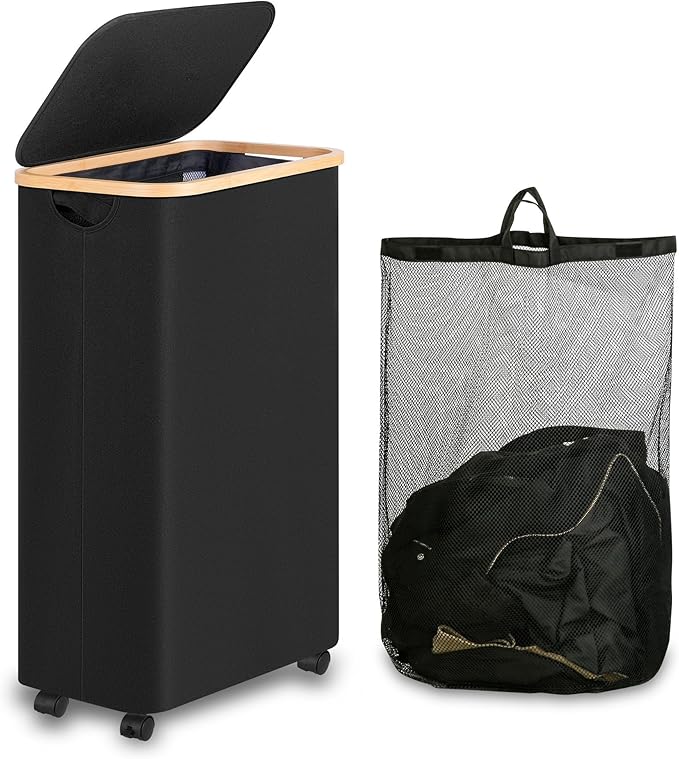 75L Slim Laundry Hamper with Wheels,Clothes Hamper for Laundry,Laundry Basket with Lid & Inner Bag,for Laundry Room, Bedroom, Dormitory Organization,Black