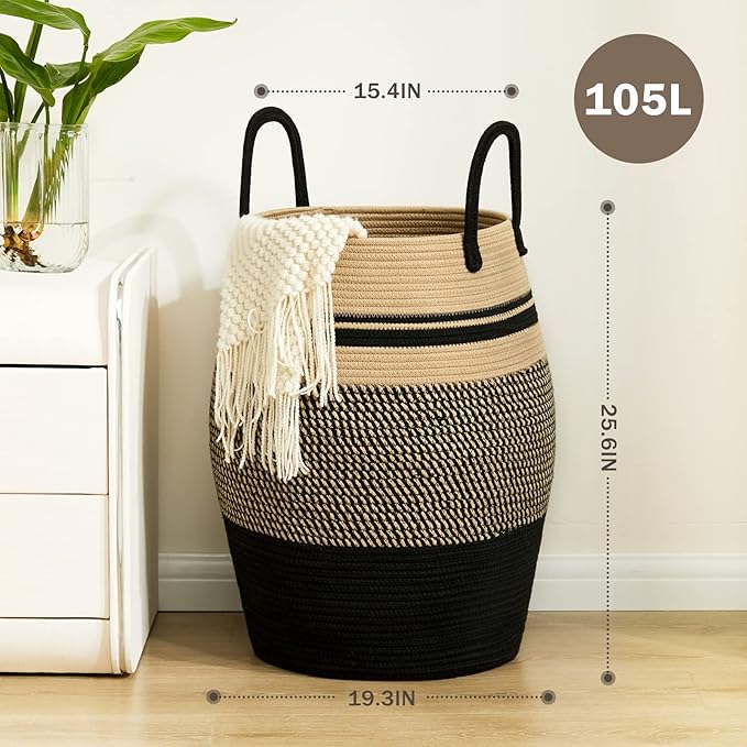 105L Extra Large Laundry Hamper Basket by Fiona's magic, Woven Tall Clothes Hamper for Storage Blanket, Toys and Dirty Cothes in Bedroom and Living Room Organizer, Brown & Black