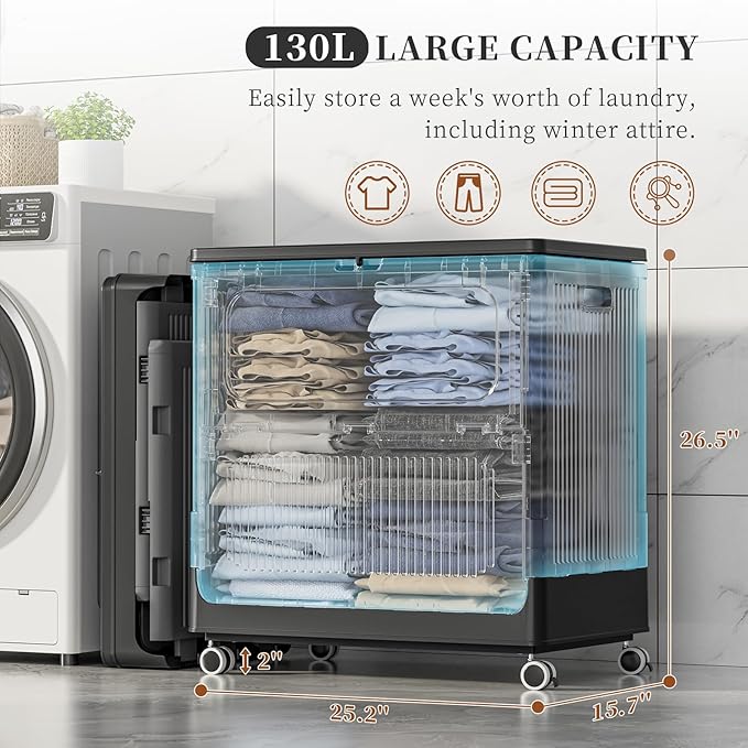 HAIXIN HOME 130L Rolling Laundry Hamper with Lid, Large Plastic Laundry Basket for College Dorm, Foldable Stackable Dirty Clothes Hamper Organizer for Industry, Bedroom, Living Room, Bathroom - Black