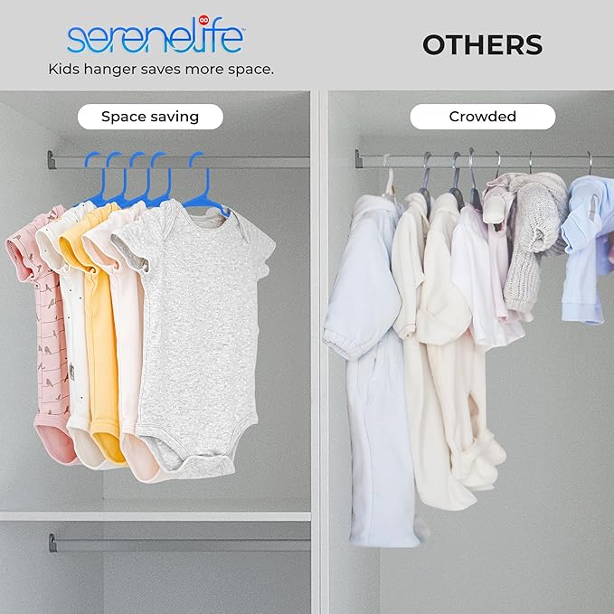 SereneLife 60 Pack Kids Plastic Hangers - Slim Design with Shoulder Grooves, Everyday Standard Use, Ideal for Boys and Girls Closet - Children's Hangers for Baby, Toddler, and Child Clothes (Blue)